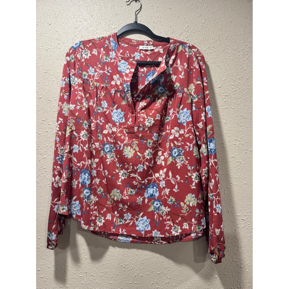 Kori Women Red Floral Long Sleeve Henley Blouse Herringbone Textured Top Medium